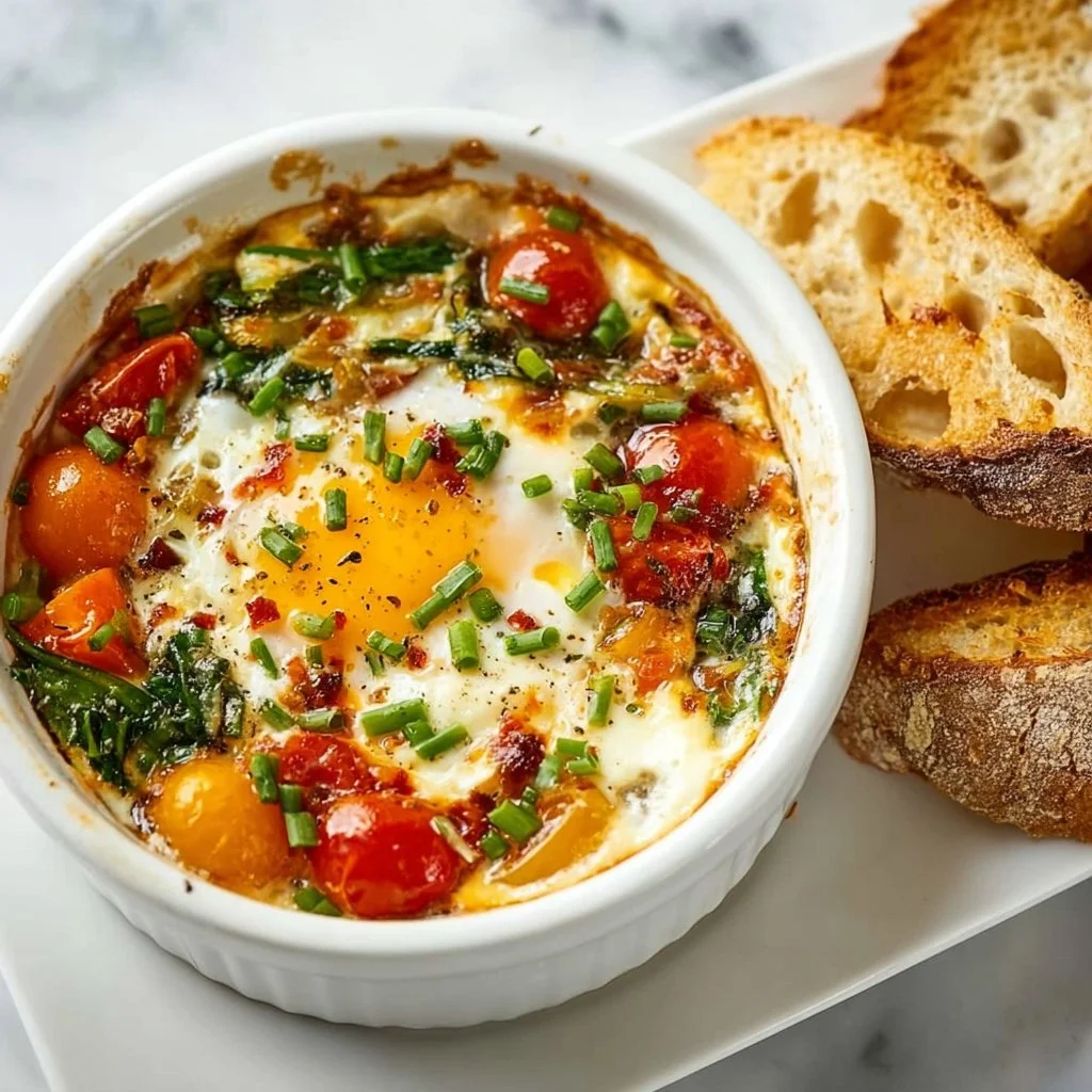 Baked Feta Eggs with Tomatoes and Spinach