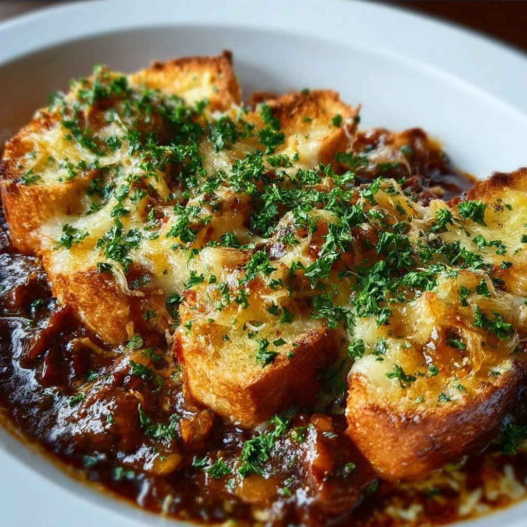 French Onion Beef Stew with Cheesy Bread Topping
