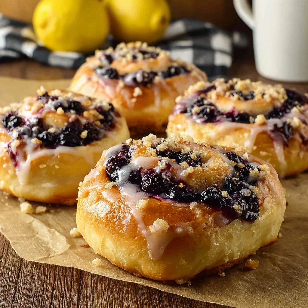 Delicious homemade blueberry lemon danish with fresh berries and icing