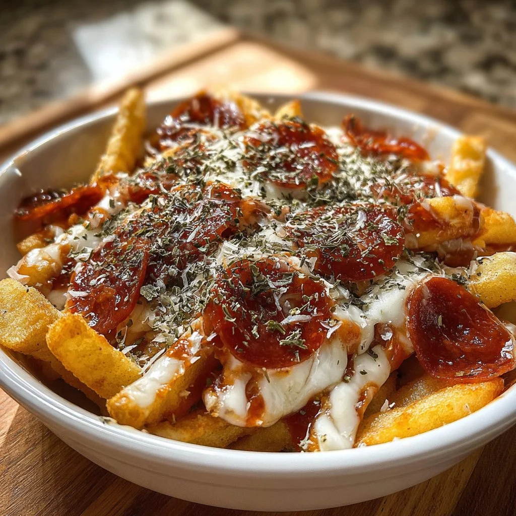 Delicious plate of Pepperoni Pizza Fries with cheese and pepperoni toppings.